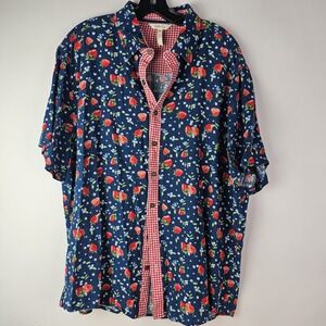 Matilda Jane Shirt Mens XL Blue Red Strawberries Blakely Fathers Day Rayon Linen